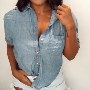 Custom distressed short sleeve denim button up top